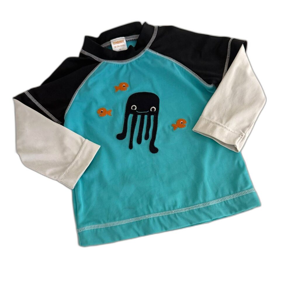 Gymboree Boys 18-24M Sleeve Swim Shirt Rash Guard Blue Jelly Fish Gold Fish UPF